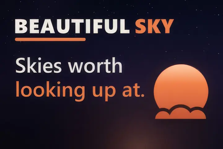 Beautiful Sky 产品卡片：落日图标与标语，值得抬头仰望的天空
