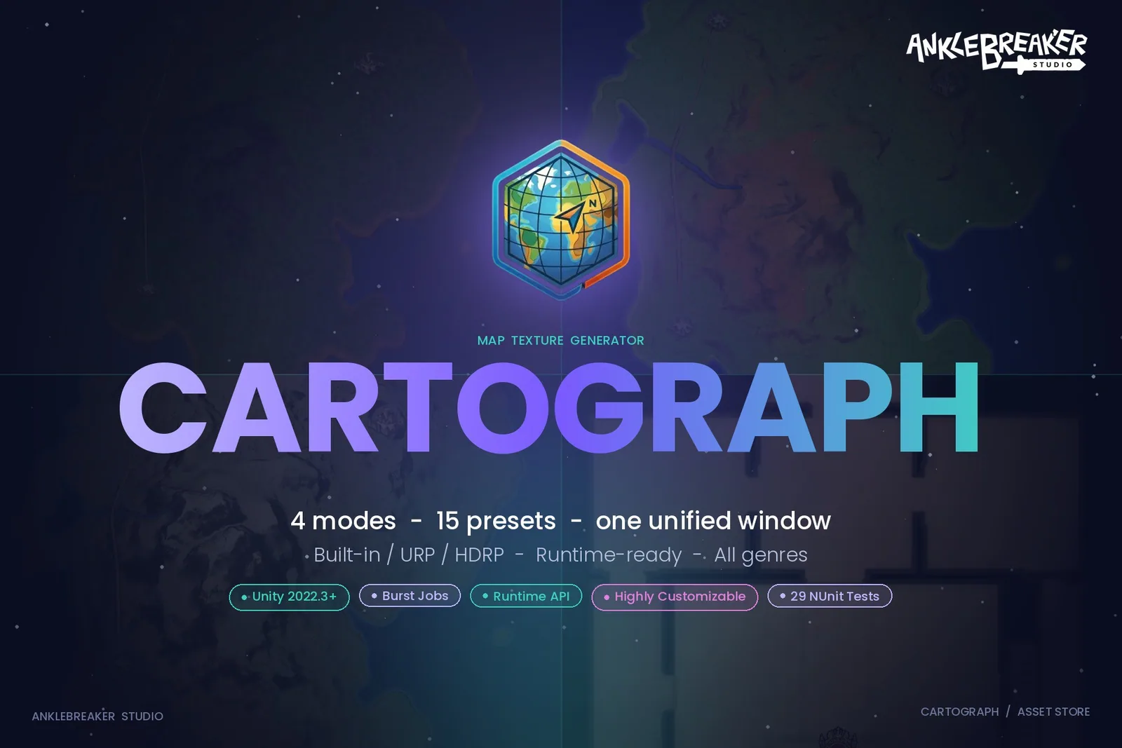 Cartograph key art: globe logo, four modes, fifteen presets, one unified window