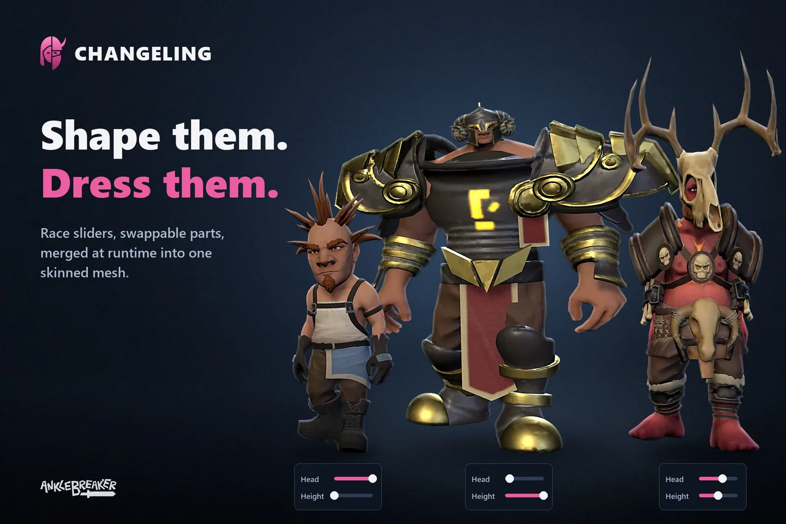 Changeling key art: dwarf characters in varied armor with height and head sliders