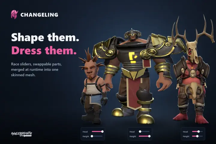 Changeling key art: dwarf characters in varied armor with height and head sliders