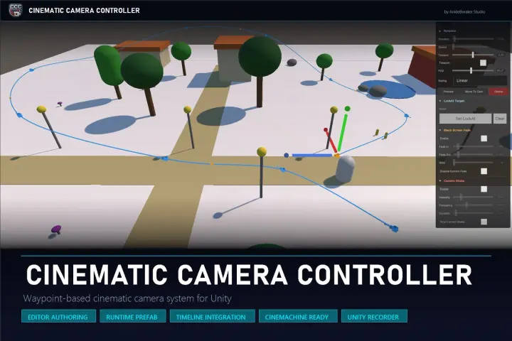 Cinematic Camera Controller 主视觉：Scene 视图中一条穿过树林的路径点摄像机轨迹