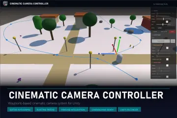 Cinematic Camera Controller 主视觉：Scene 视图中一条穿过树林的路径点摄像机轨迹