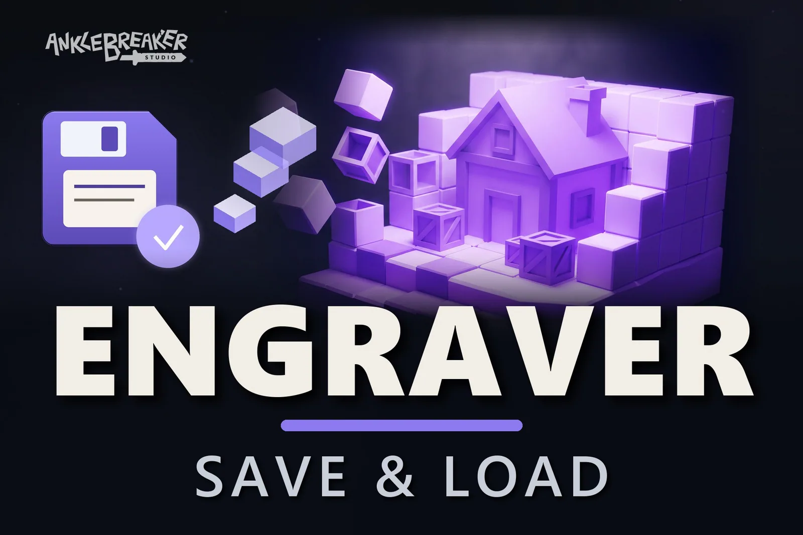 Engraver key art: floppy disk icon and a purple voxel house, save and load