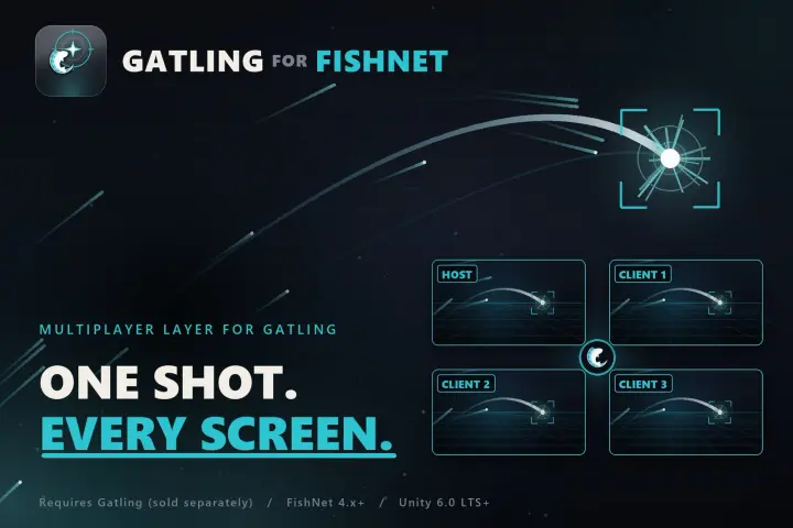 Gatling for FishNet Key Art: ein abgefeuerter Schuss, gespiegelt auf dem Host und drei Client-Bildschirmen