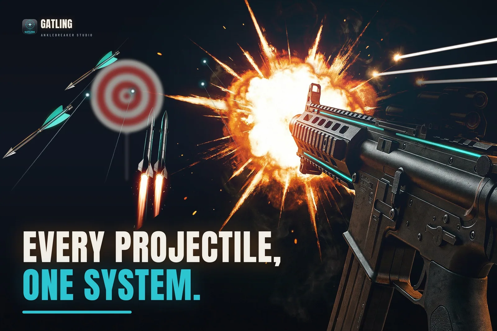 Gatling key art: a rifle firing at a target, with arrows and rockets in flight