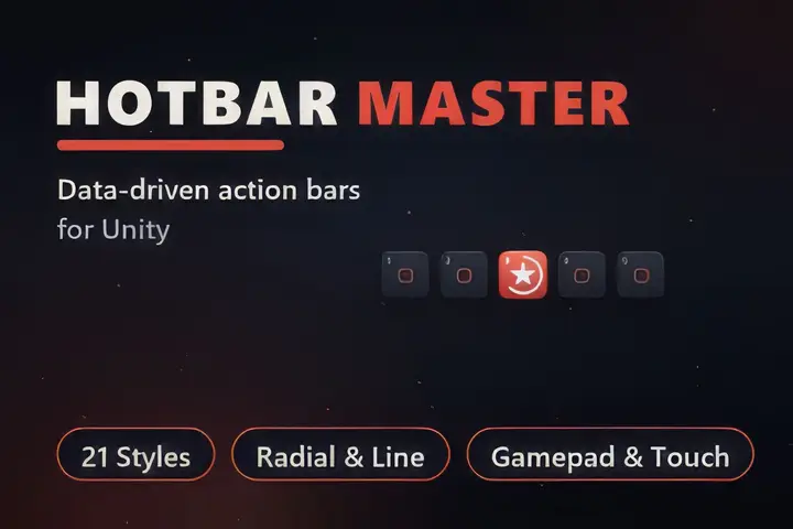 Katalogkarte von Hotbar Master: datengetriebene Aktionsleisten für Unity, 21 Styles, Gamepad und Touch