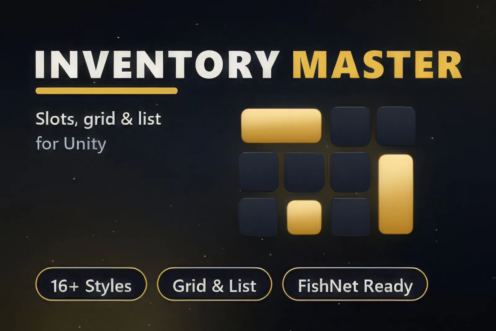 Katalogkarte von Inventory Master: Slots, Raster und Liste für Unity, 16+ Styles, bereit für FishNet