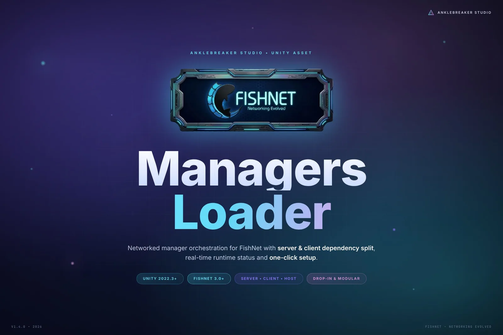 Managers Loader for FishNet Key Art: FishNet-Logo und Tagline zur Orchestrierung vernetzter Manager