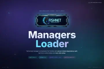 Managers Loader for FishNet 主视觉：FishNet 标志，标语主题为联网 Manager 编排