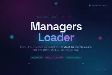 Managers Loader 主视觉：标题与标语，主题为场景驱动的 Manager 编排