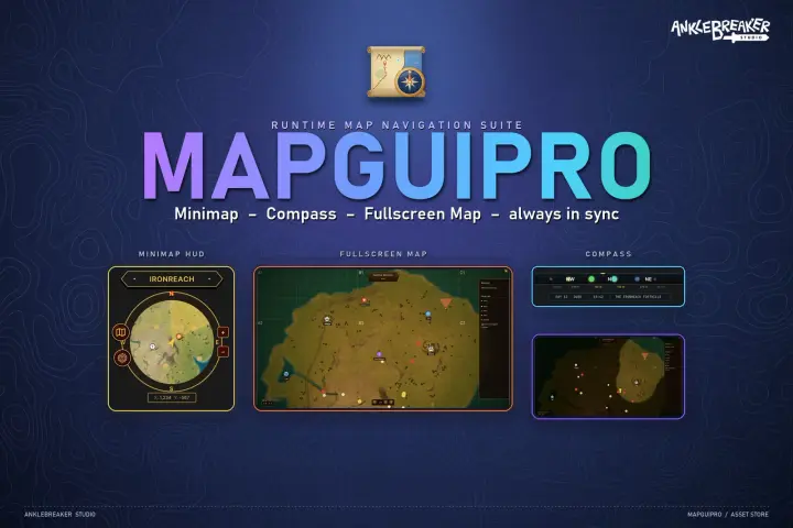 MapGUIPro 主视觉：小地图、罗盘与全屏地图预览，始终保持同步