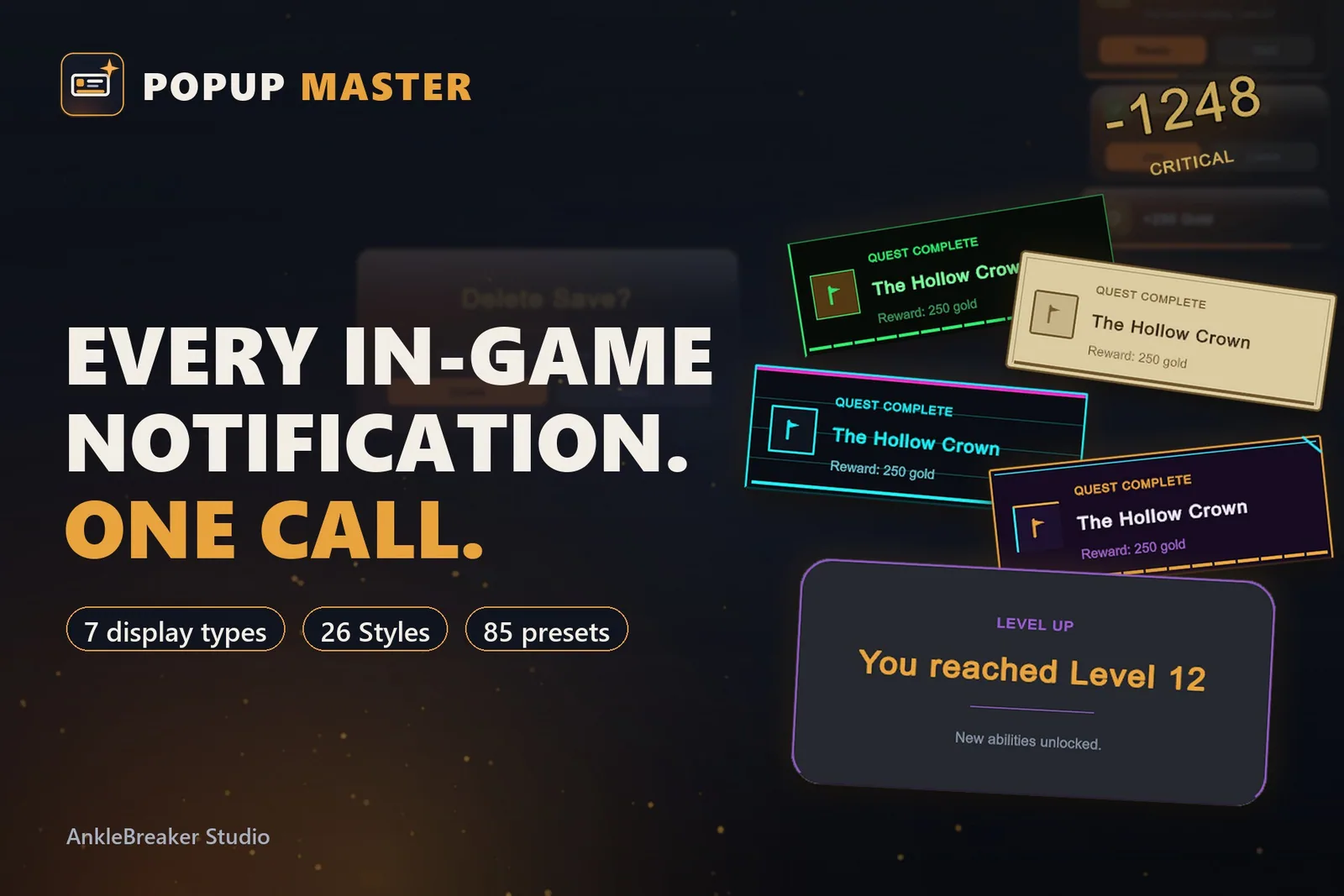 Popup Master Key Art: gestapelte, gestylte In-Game-Benachrichtigungen mit einer Tagline über einen einzigen Aufruf