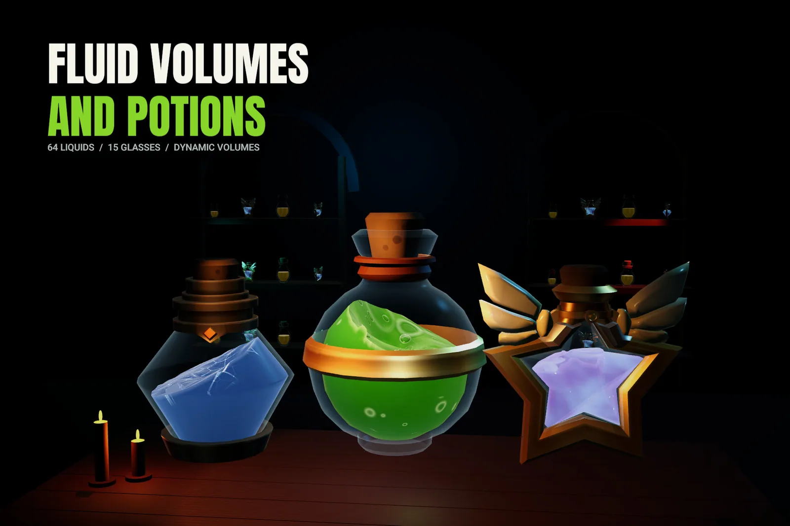 Fluid Volumes and Potions key art: three glass flasks with blue, green and star-shaped liquid