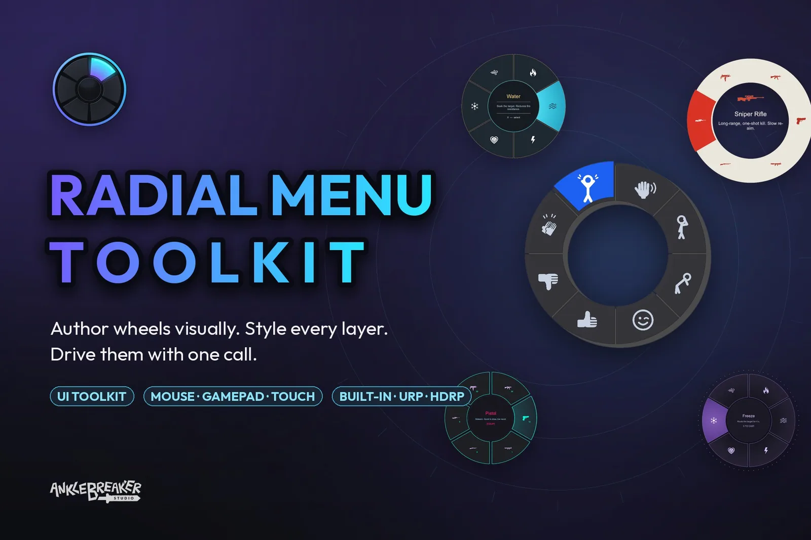 Radial Menu Toolkit key art: several styled radial wheels with icons, and tagline