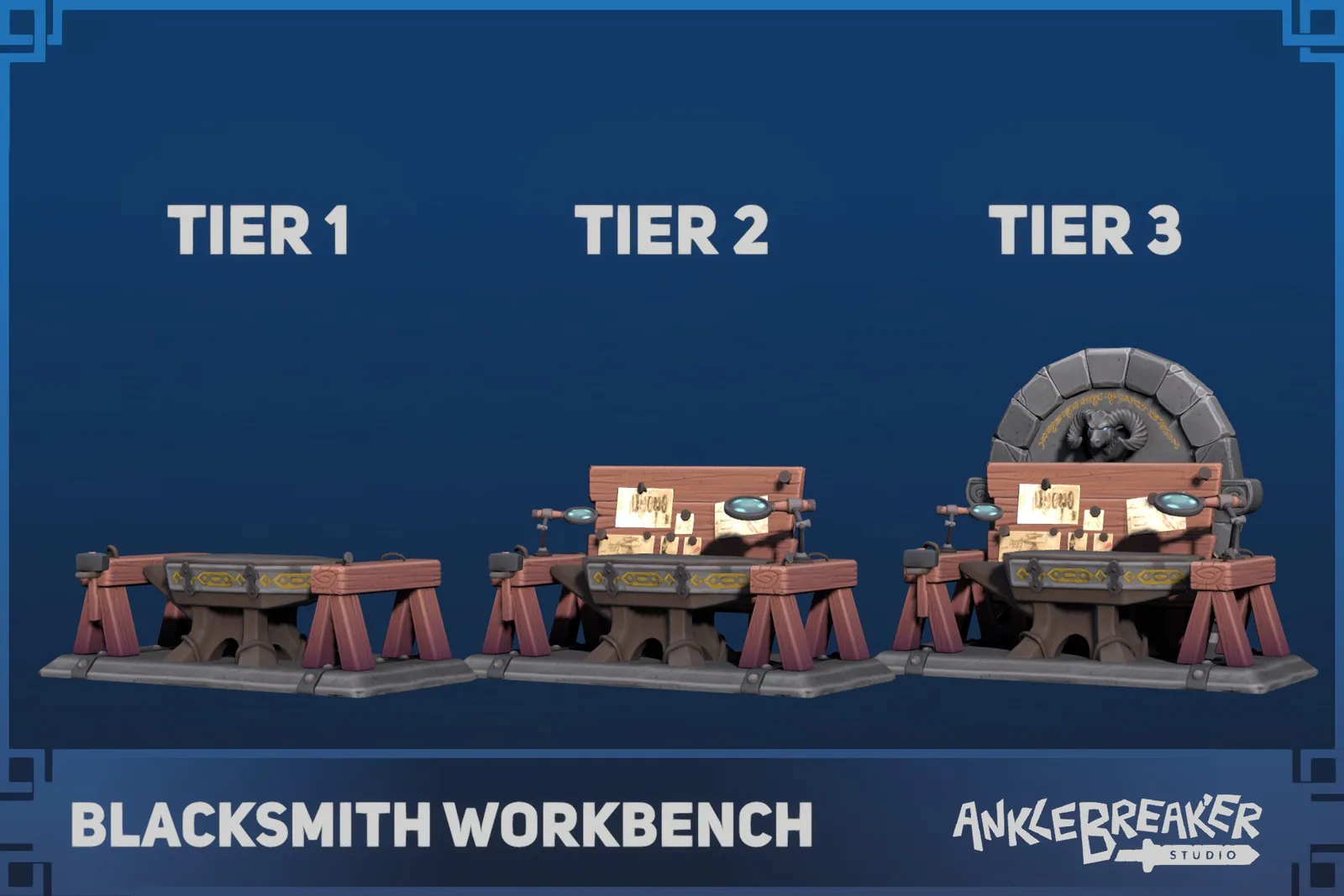 Blacksmith Workbench Key Art: drei Stufen einer Amboss-Werkbank, die dritte mit einer gewölbten Steinesse