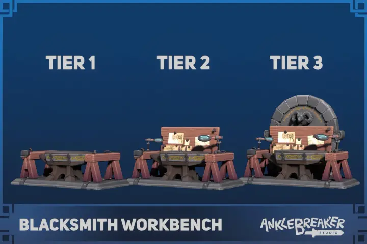 Blacksmith Workbench 主视觉：三个等级的铁砧工作台，第三级带石砌锻炉拱门