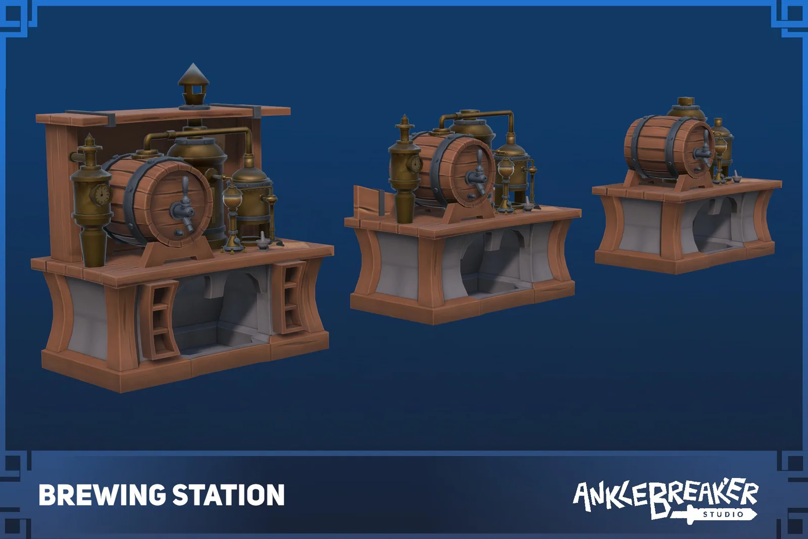 Brewing Station key art: three tiers of wooden brewing bench with barrel and copper still