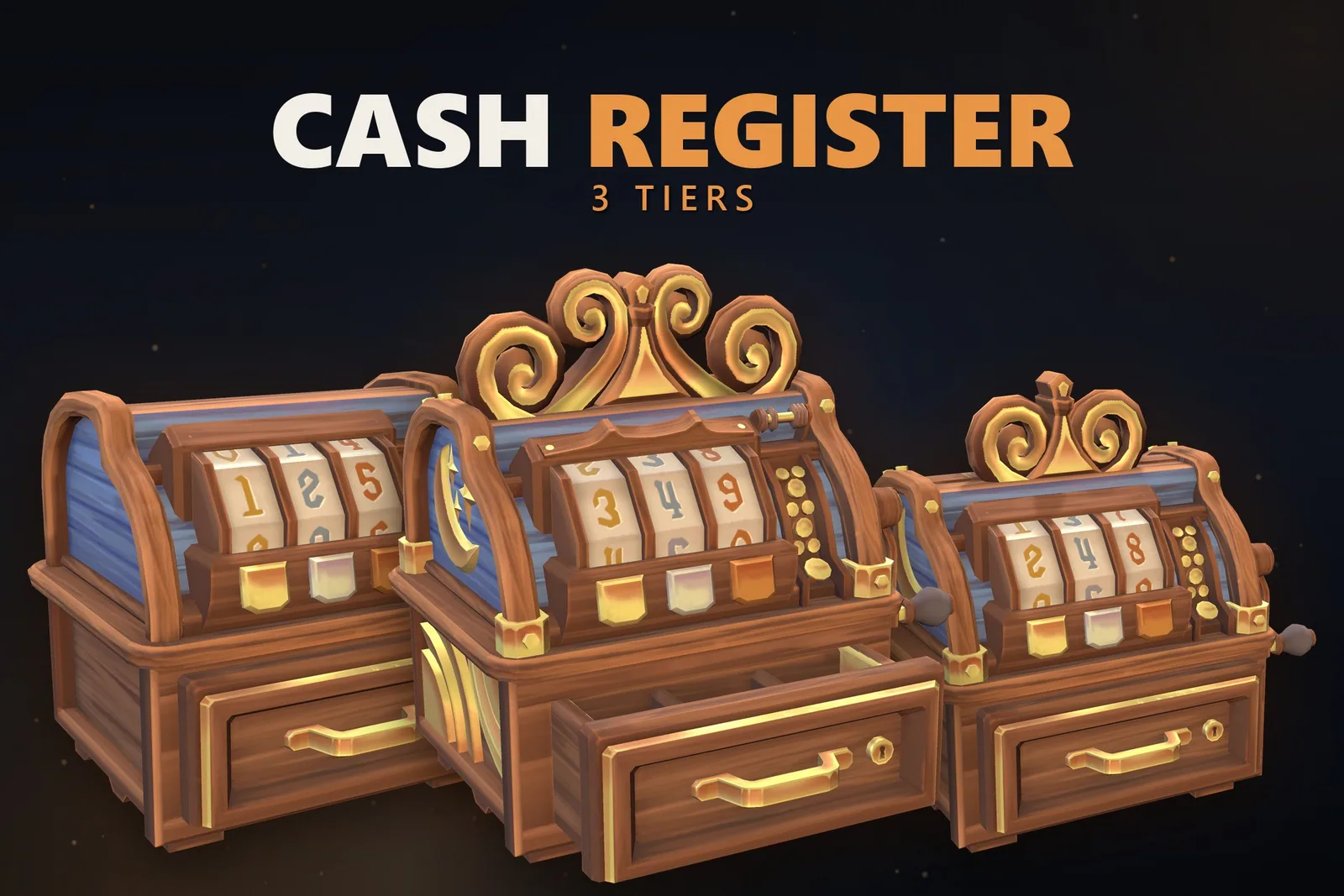 Cash Register key art: three tiers of ornate wooden register with number wheels and drawer