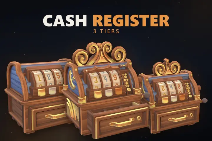 Cash Register key art: three tiers of ornate wooden register with number wheels and drawer