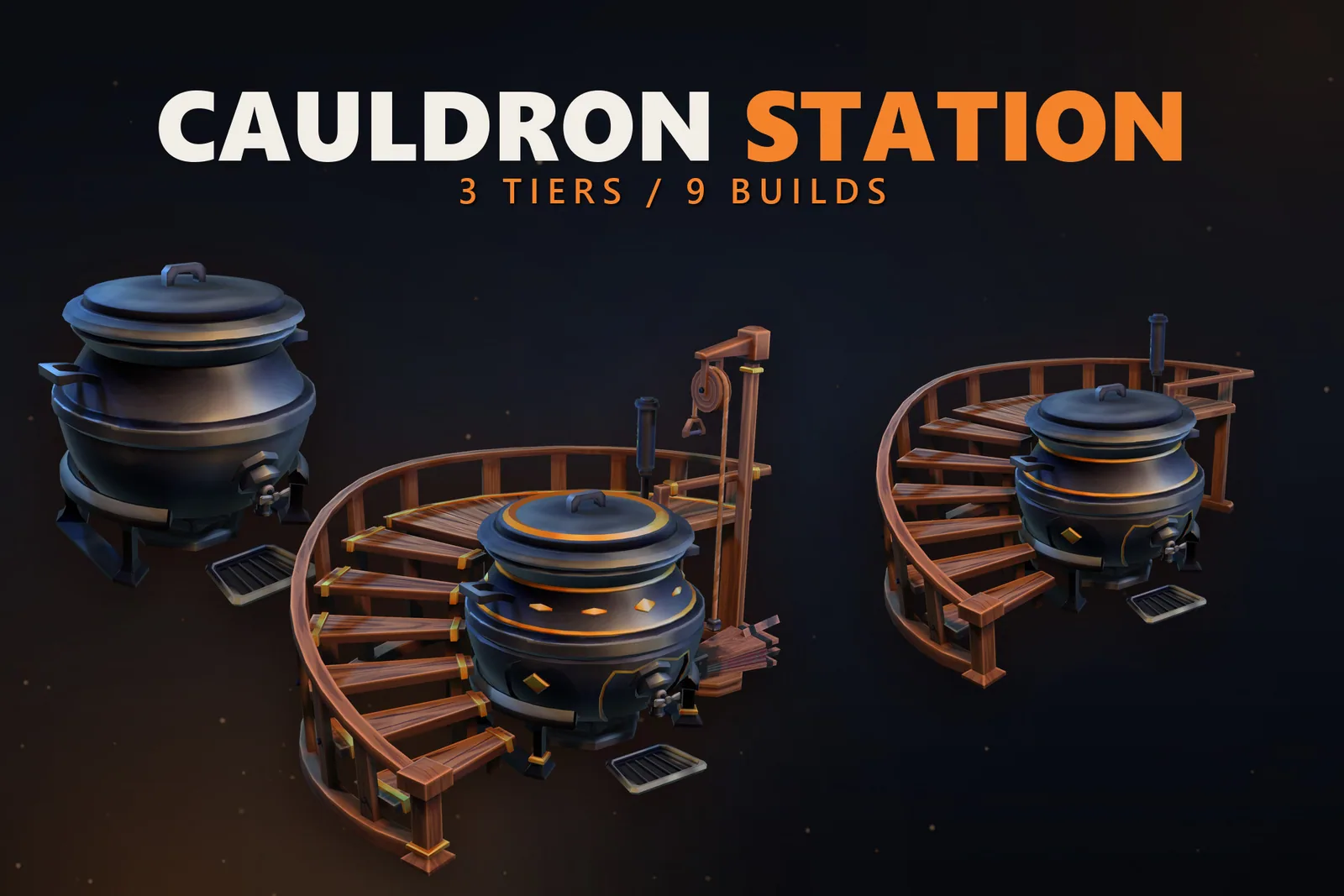 Cauldron Station key art: three tiers of iron cauldron on curved wooden stairs