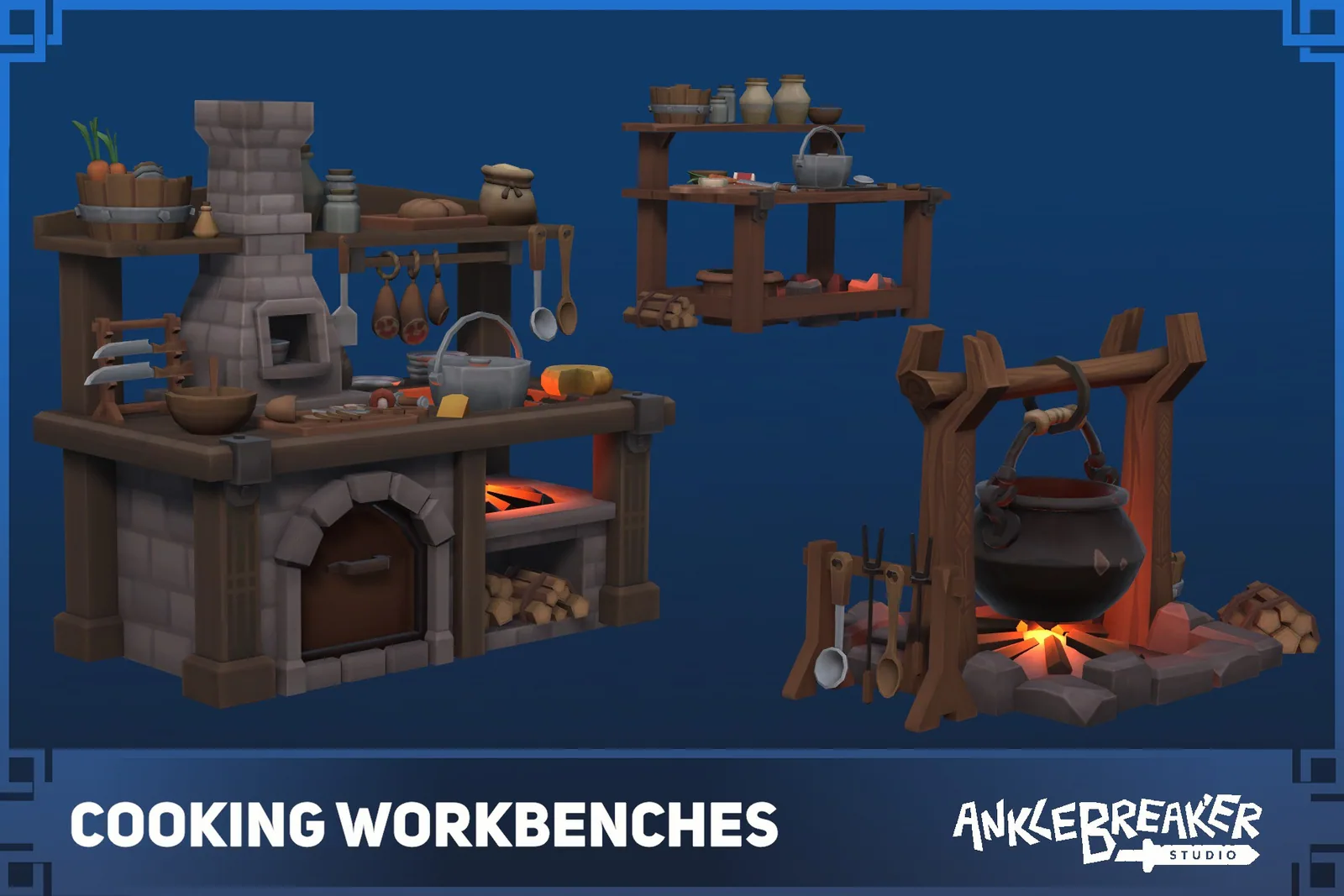Cooking Workbenches key art: stone oven kitchen, hanging cauldron over a fire and a prep table