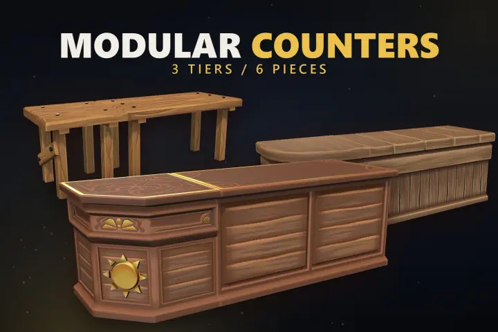 Modular Counters 主视觉：三个等级、六个部件的木质商店柜台