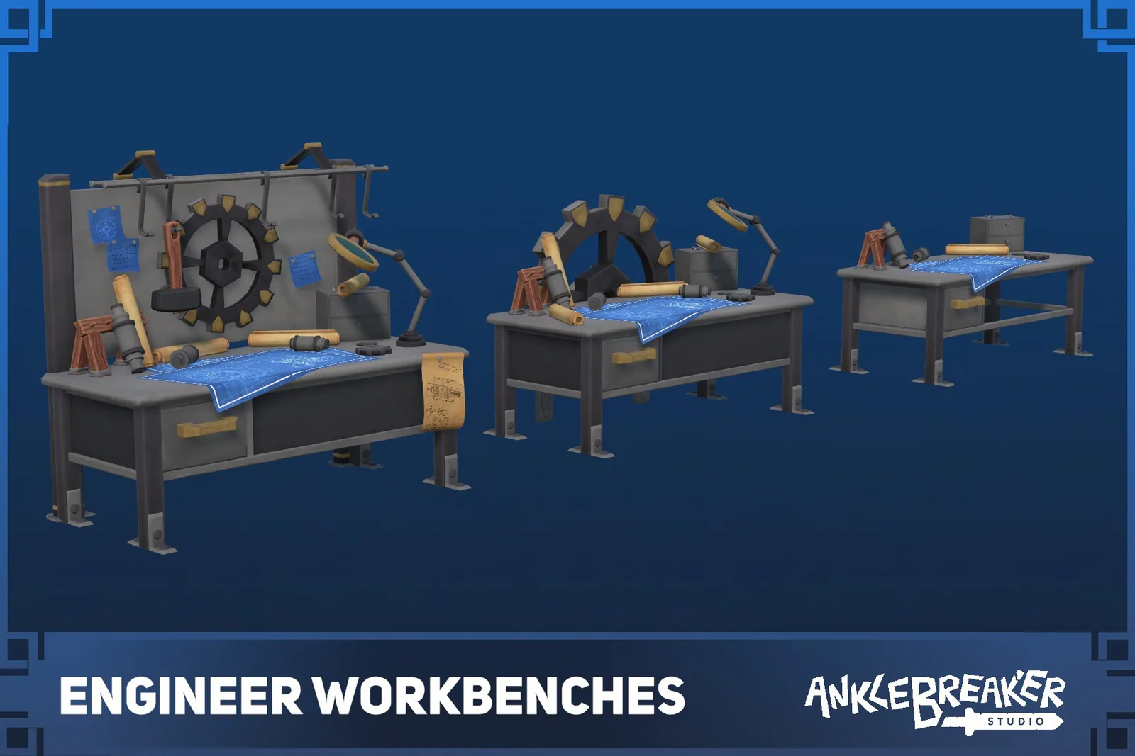 Engineer Workbenches key art: three tiers of metal bench with blueprints, gears and tools
