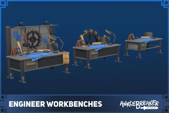 Engineer Workbenches 主视觉：三个等级的金属工作台，摆着图纸、齿轮和工具