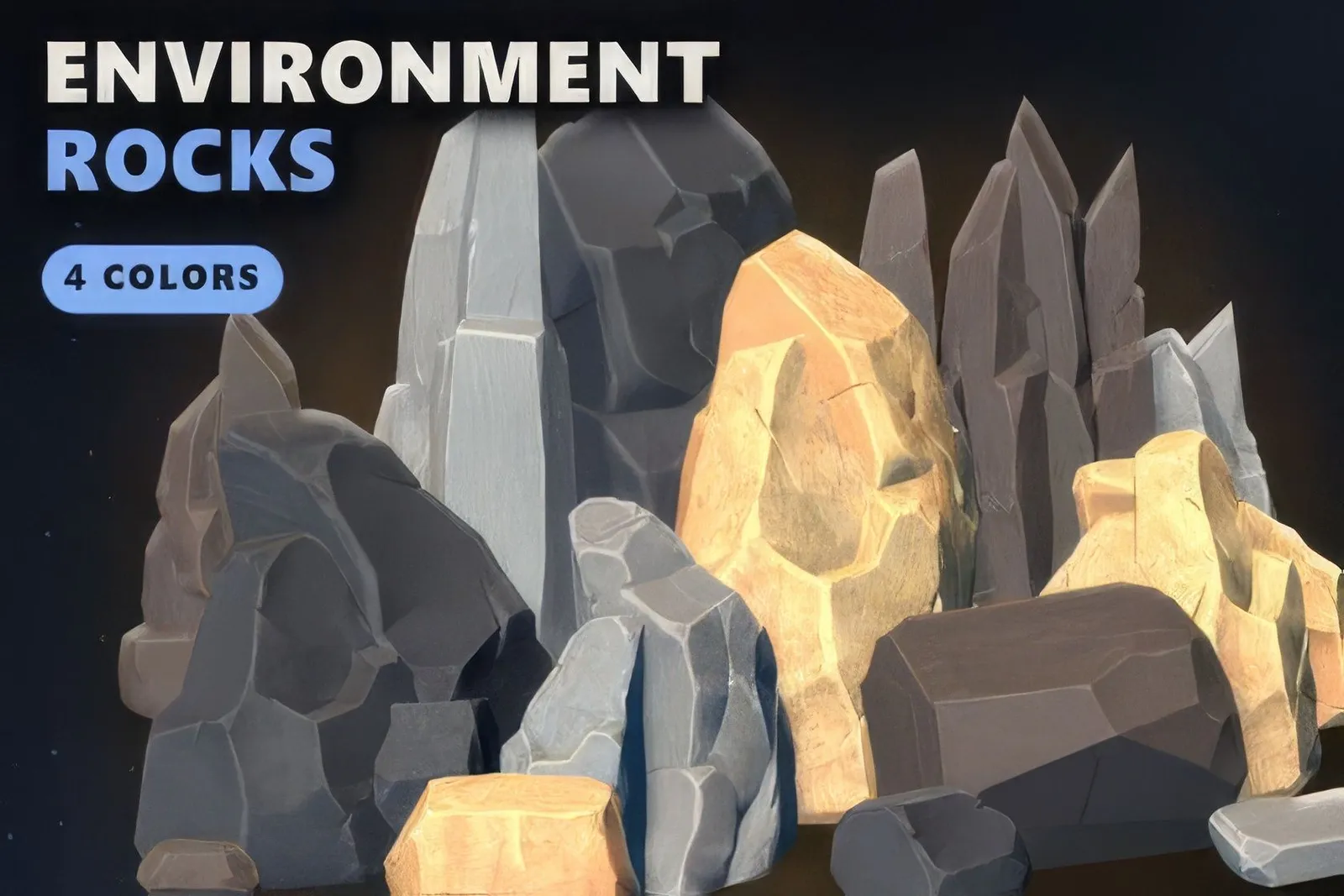 Environment Rocks catalogue card: stylized gray and sandstone rock formations, 4 colors