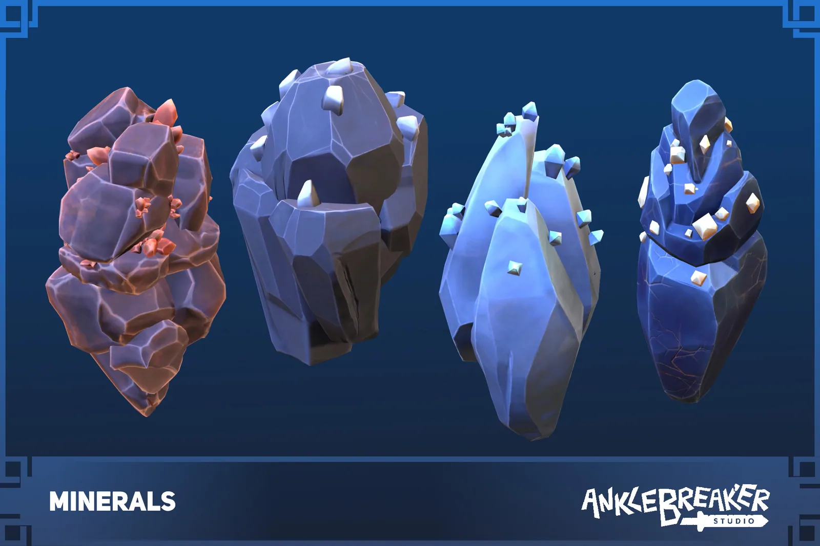 Minerals Key Art: vier stilisierte Mineralvorkommen in Rot, Lila, Hellblau und Dunkelblau