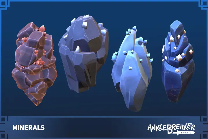 Minerals 主视觉：红、紫、浅蓝和深蓝四种风格化矿点