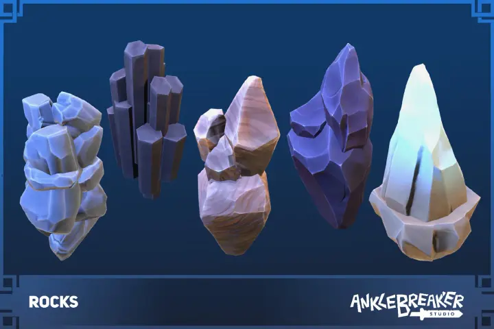 Rocks 主视觉：五种风格化资源岩石，分别为蓝灰色、暗色、砂岩色、紫色和淡色水晶
