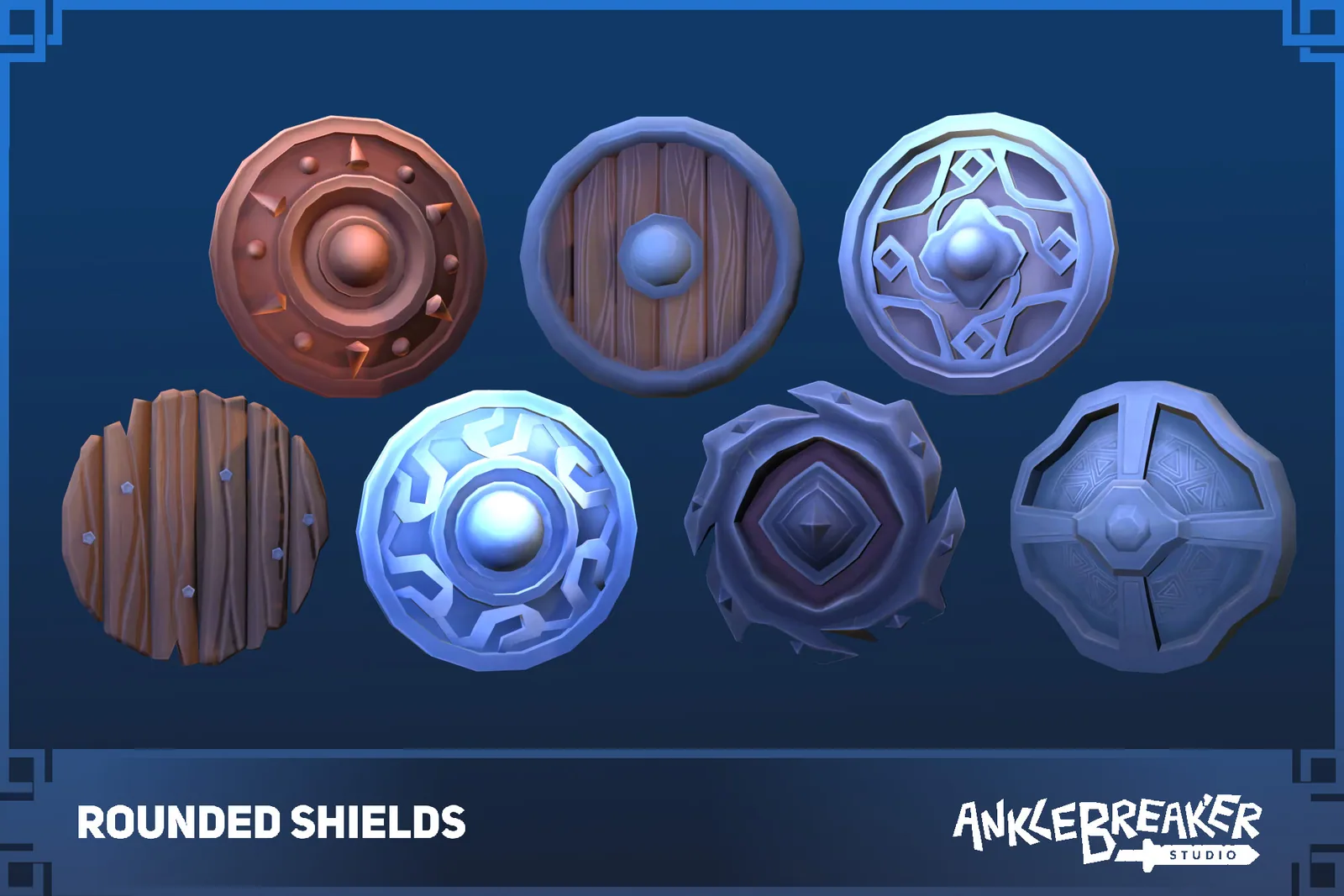 Rounded Shields Key Art: sieben stilisierte Rundschilde in Holz, Bronze, Stahl und dunklen Designs mit Stacheln