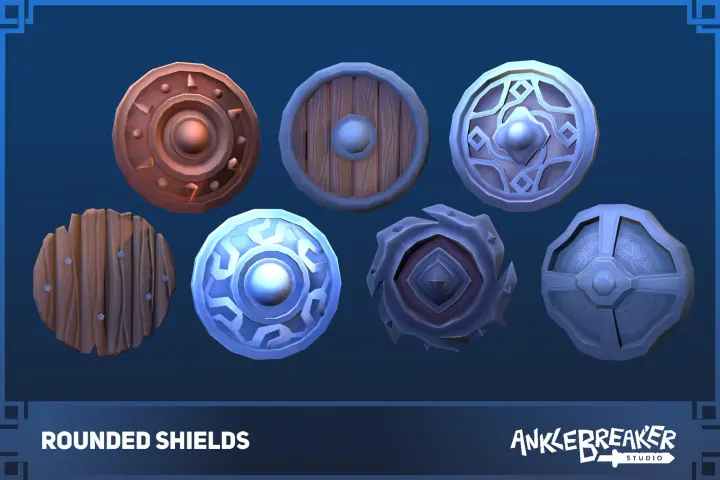 Rounded Shields 主视觉：七面风格化圆盾，有木制、青铜、钢制和带尖刺的暗色设计