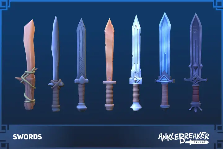 Swords 主视觉：七把风格化长剑，从缠藤木剑到暗色水晶剑