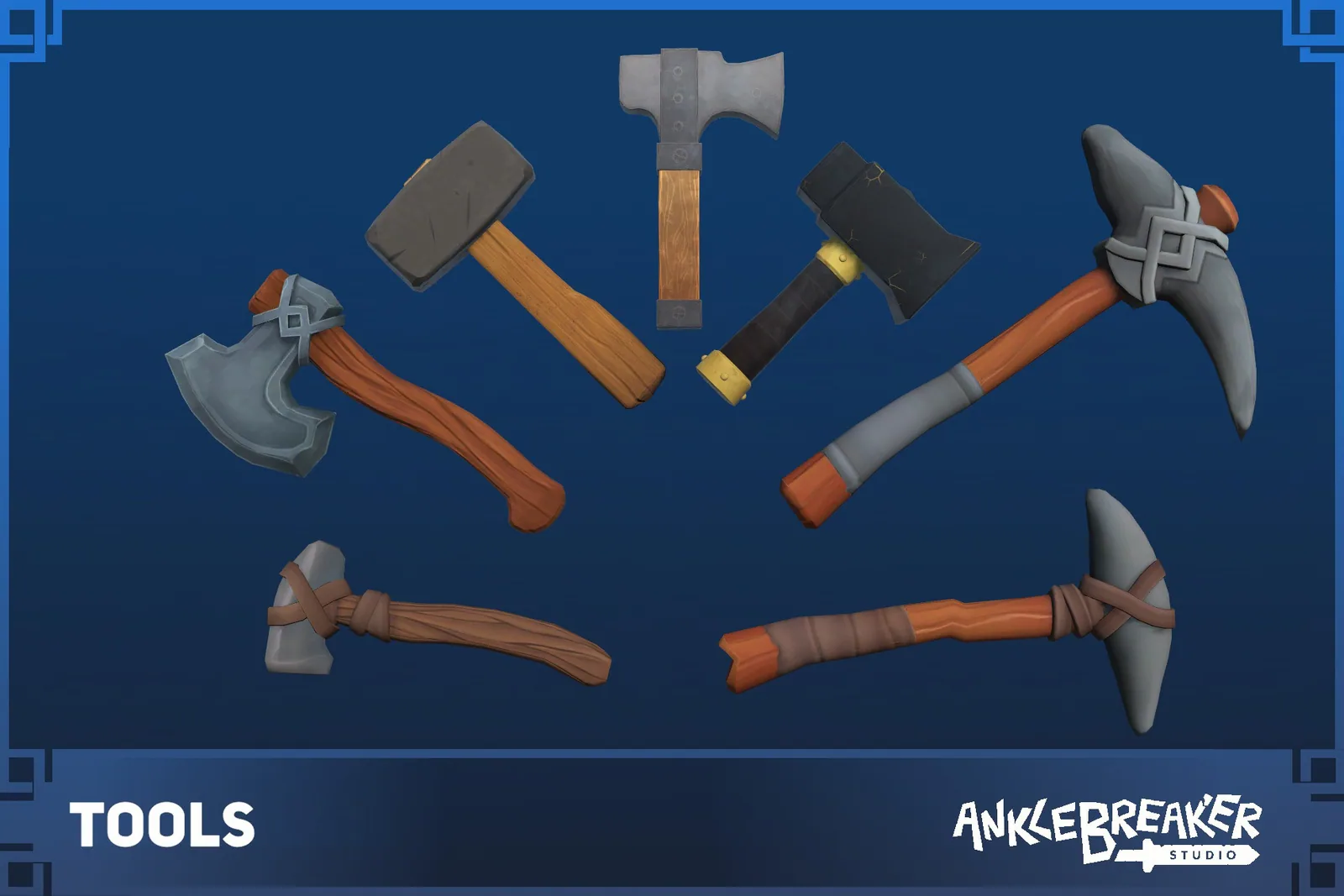 Tools Key Art: stilisierte Äxte, Hämmer und Spitzhacken, fächerförmig angeordnet
