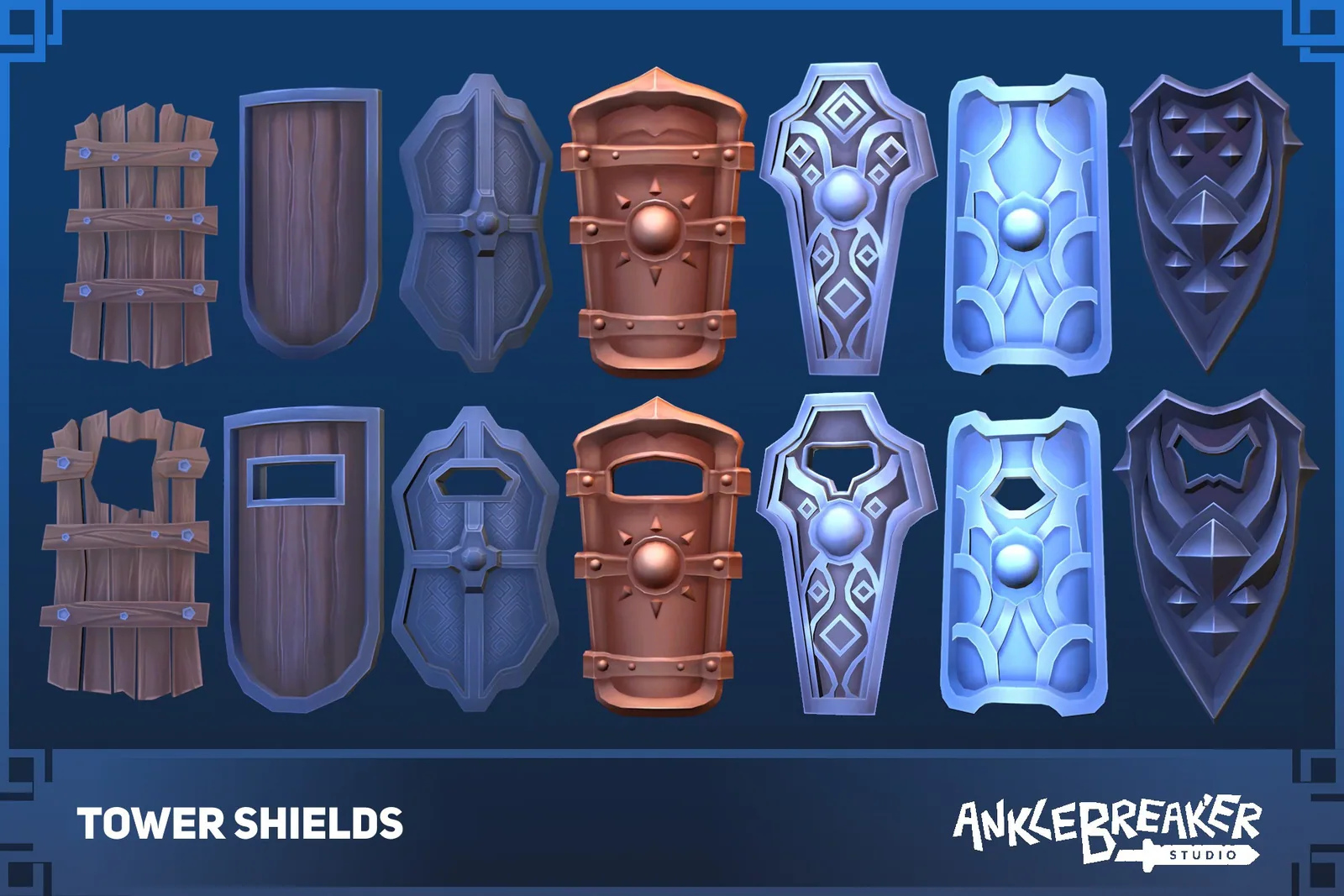 Tower Shields key art: seven shield designs in wood, steel, copper and blue, some with slots