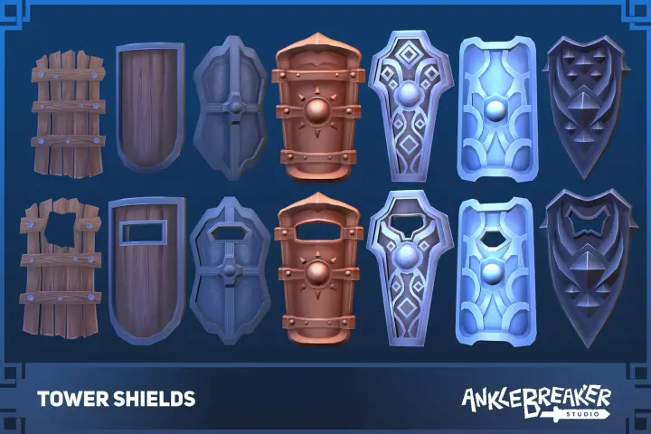 Tower Shields 主视觉：七种盾牌设计，有木制、钢制、铜制和蓝色款，部分带观察孔