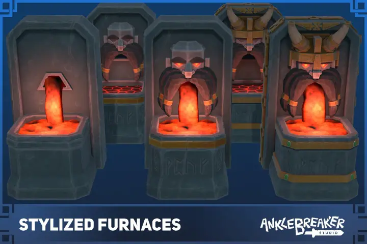 Stylized Furnaces 主视觉：闪耀着熔岩光芒的石砌熔炉，有素面款，也有带角矮人面孔款