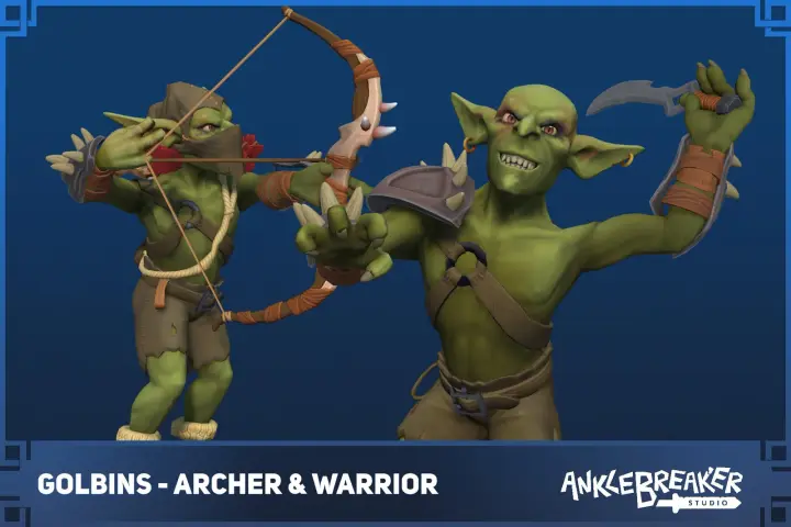 Goblins 主视觉：正在拉弓的绿皮哥布林弓箭手，旁边是一名哥布林战士