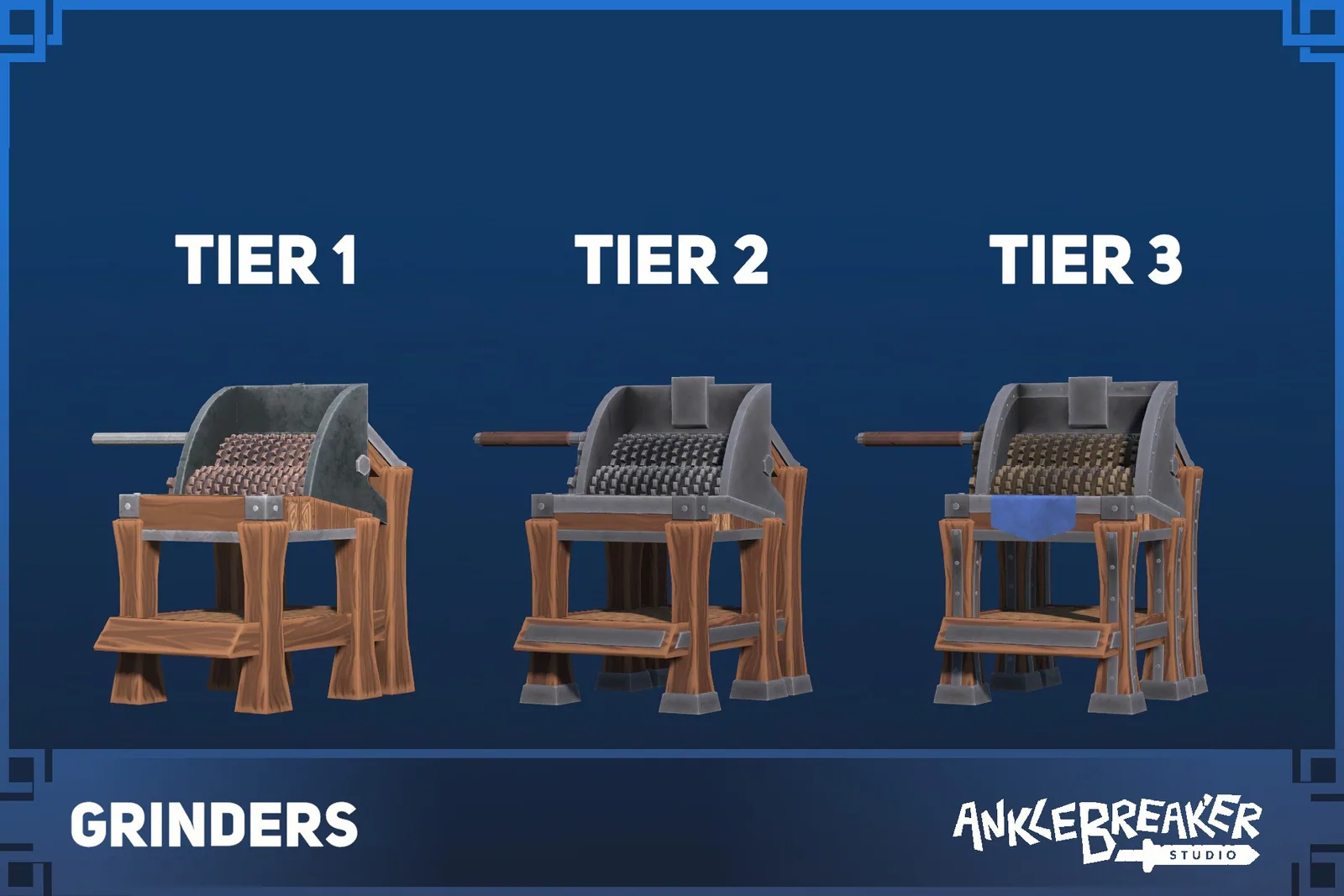 Grinder Workbenches key art: three tiers of wooden grinder with a toothed roller and crank