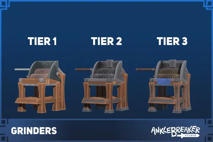 Grinder Workbenches 主视觉：三个等级的木制研磨台，带齿辊和摇柄