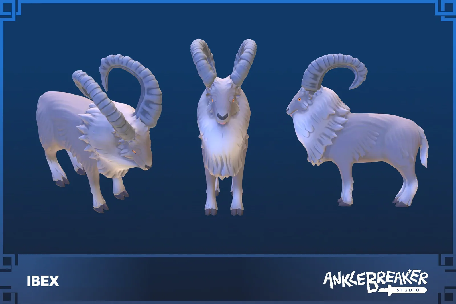 Ibex Key Art: stilisierter Steinbock mit großen, gebogenen Hörnern, aus drei Blickwinkeln