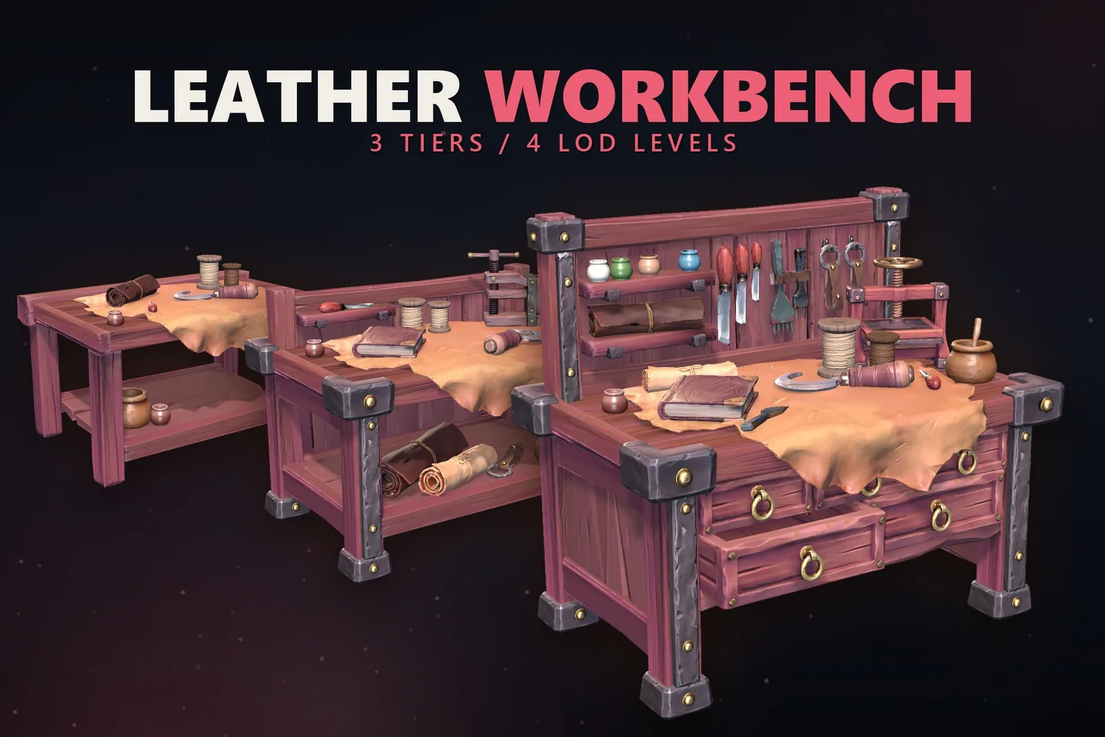 Leather Workbench key art: three tiers, four LOD levels, red wooden bench with leather hide