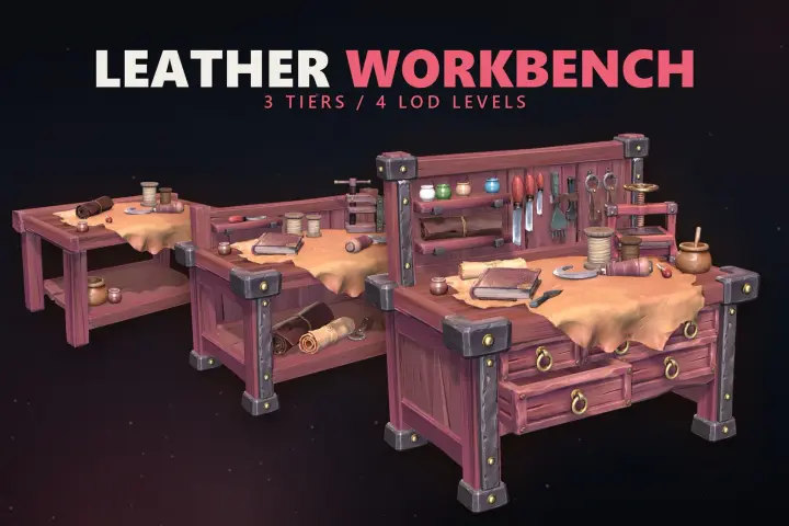 Leather Workbench key art: three tiers, four LOD levels, red wooden bench with leather hide
