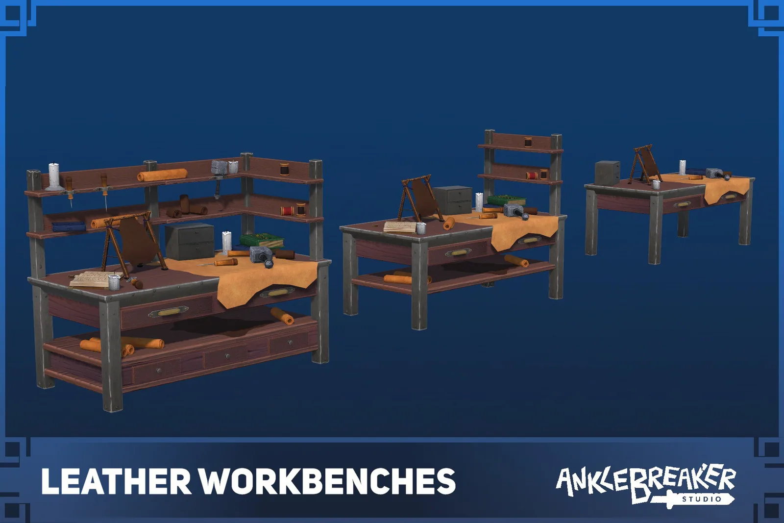Leather Workbenches key art: three wooden benches with leather hides, tools and shelves