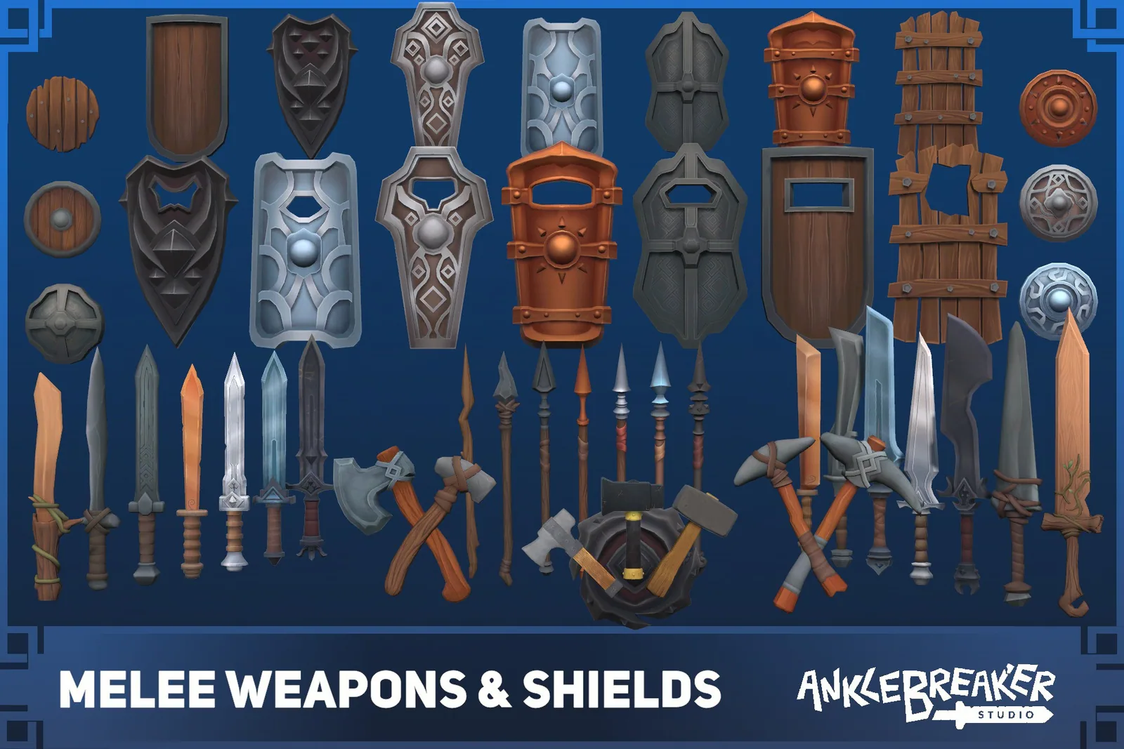 Melee Weapons and Shields key art: shields, swords, spears, axes and hammers laid out together