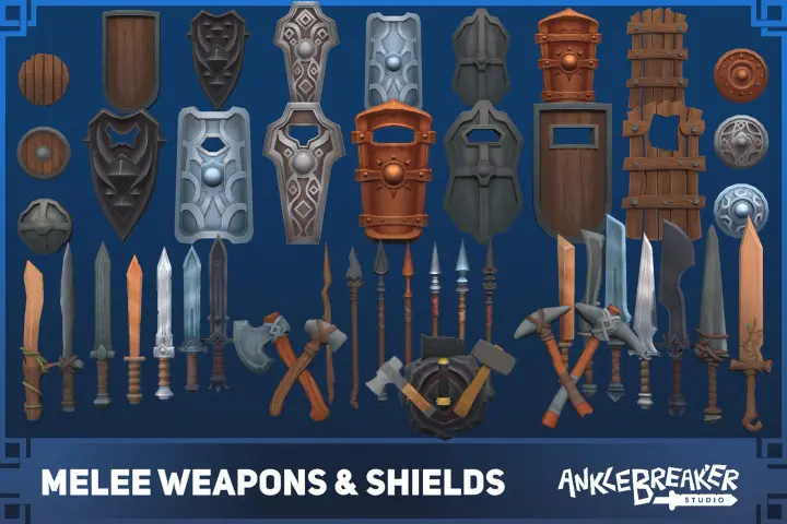 Melee Weapons and Shields key art: shields, swords, spears, axes and hammers laid out together
