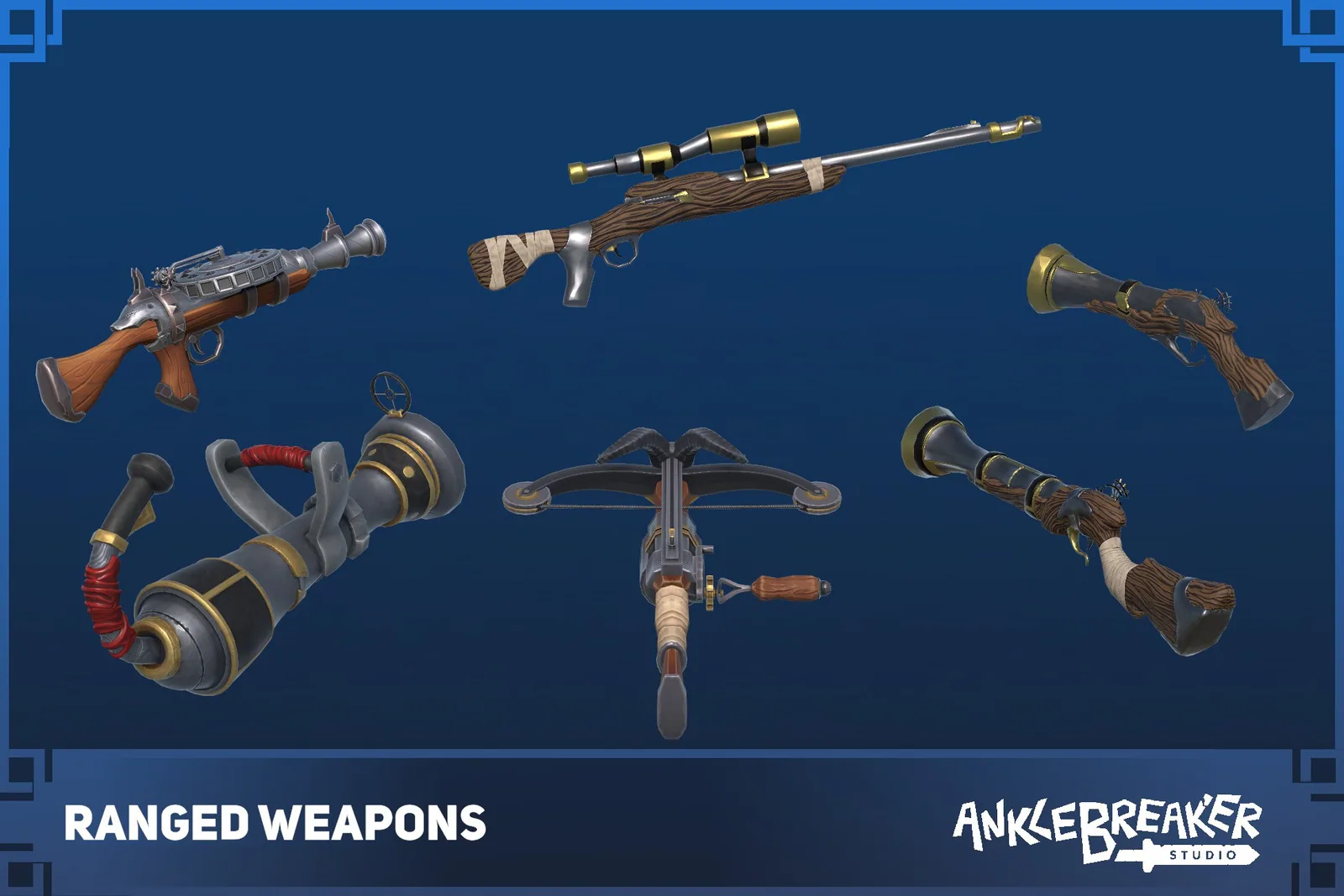 Ranged Weapons key art: stylized launcher, sniper rifle, blunderbuss and crossbow models