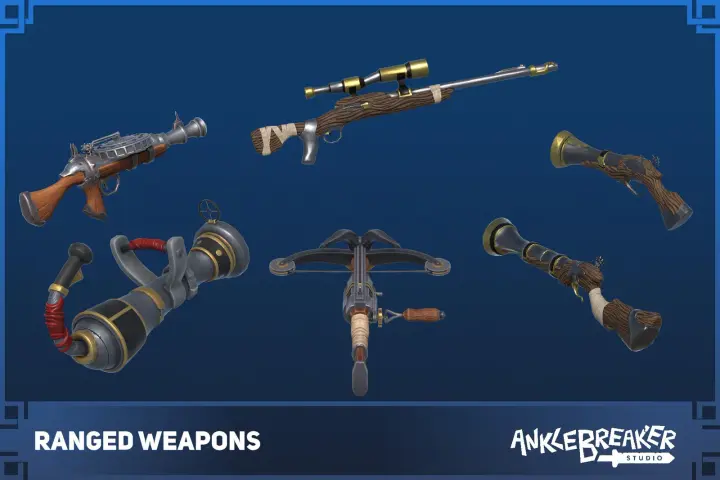 Ranged Weapons 主视觉：风格化的发射器、狙击步枪、喇叭枪和弩
